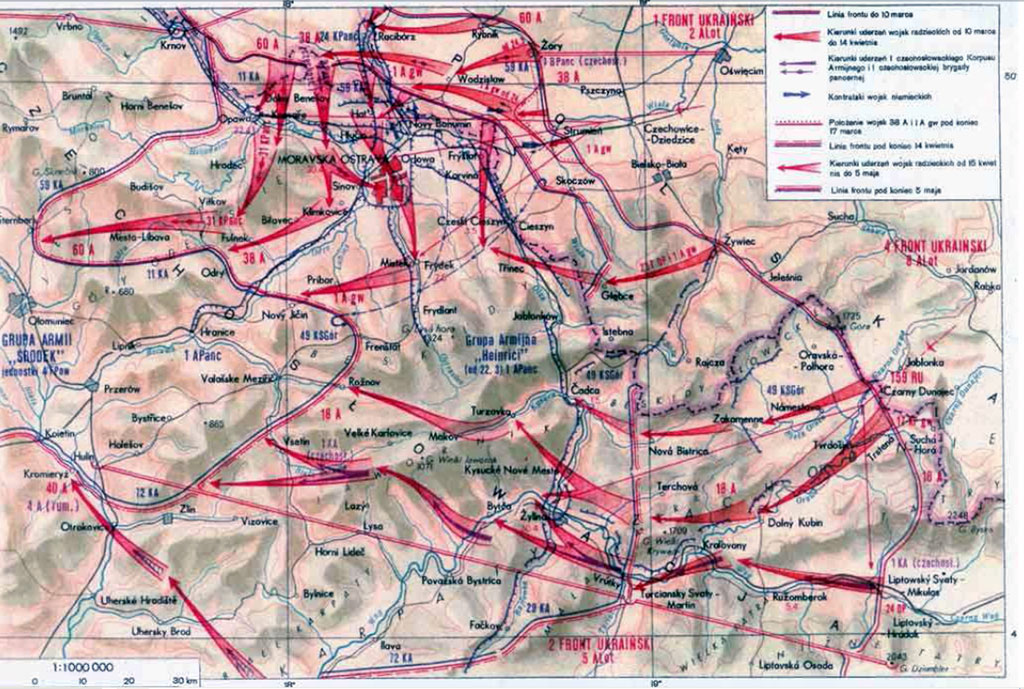 Mapa działań wojsk radzieckich w 1945 r. na terenie Śląska Cieszyńskiego 